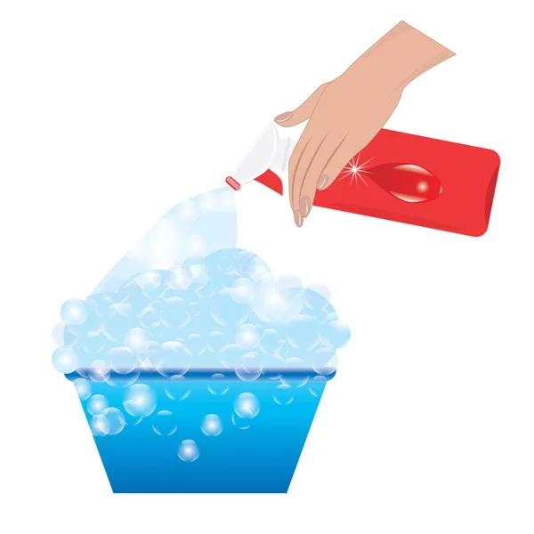 Set para limpiar un lavabo con detergente de mano femenino de espuma de jabón en un dispensador de botellas fondo blanco aislado elemento creativo de ilustración vectorial para diseño — Archivo Imágenes Vectoriales