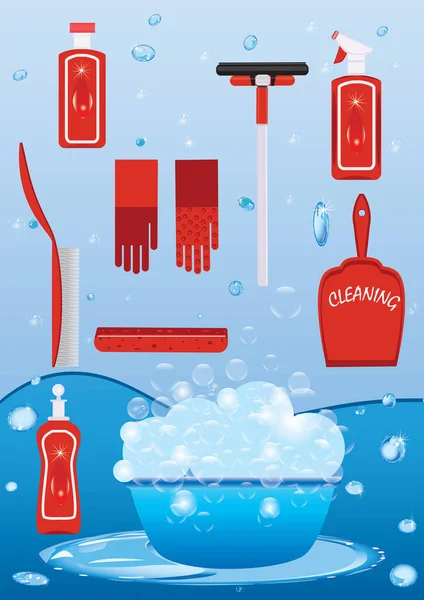 Set para la limpieza de detergente en una botella de cuchara guantes con un cepillo esponja lavamanos limpiaparabrisas de espuma de jabón, aislado arte azul fondo creativo vector elemento de ilustración para el diseño — Archivo Imágenes Vectoriales