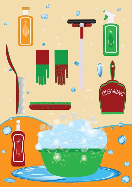 Conjunto de multicolor para la limpieza de detergente en una botella de cuchara guantes con un cepillo de una esponja de jabón lavabo de un limpiaparabrisas de espuma, aislado luz arte fondo creativo vector elemento de ilustración para — Archivo Imágenes Vectoriales