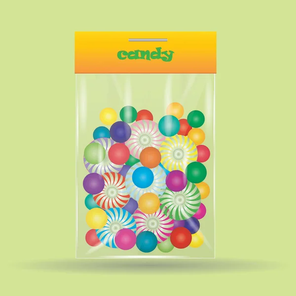 Candy lollipop a sweet in the assortment of colored transparent bag isolated on a green background art creative design element vector illustration — Stock Vector