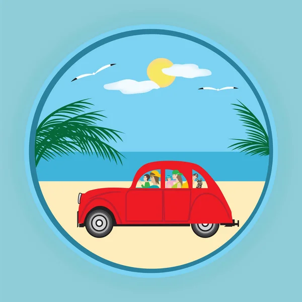 Pequeno carro vermelho família pais crianças cão palma mar sol gaivota arte criativo moderno vetor design elemento do logotipo do turismo — Vetor de Stock