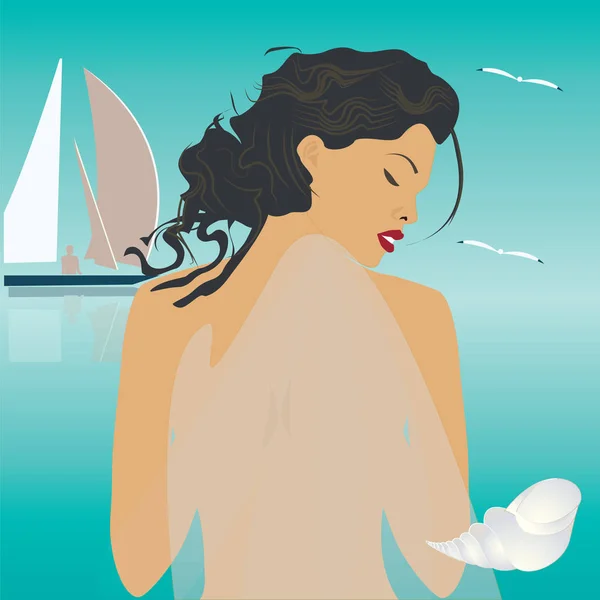 Mujer barco de mar gaviota concha arte creativo moderno vector ilustración viaje cartel — Vector de stock