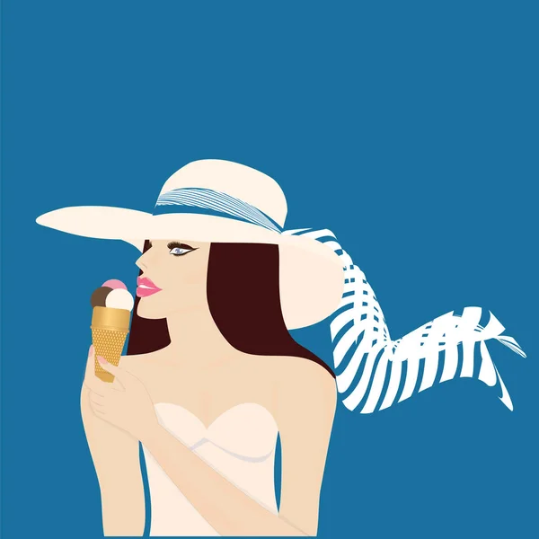 Femme en chapeau blanc mange de la crème glacée isolée sur un fond bleu art créatif vectoriel moderne illustration voyage affiche conception élément — Image vectorielle