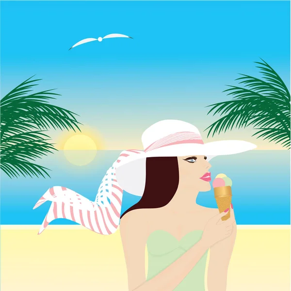 Femme en chapeau manger de la crème glacée sur la plage soleil palmier mouette art créatif vecteur moderne illustration affiche de voyage — Image vectorielle