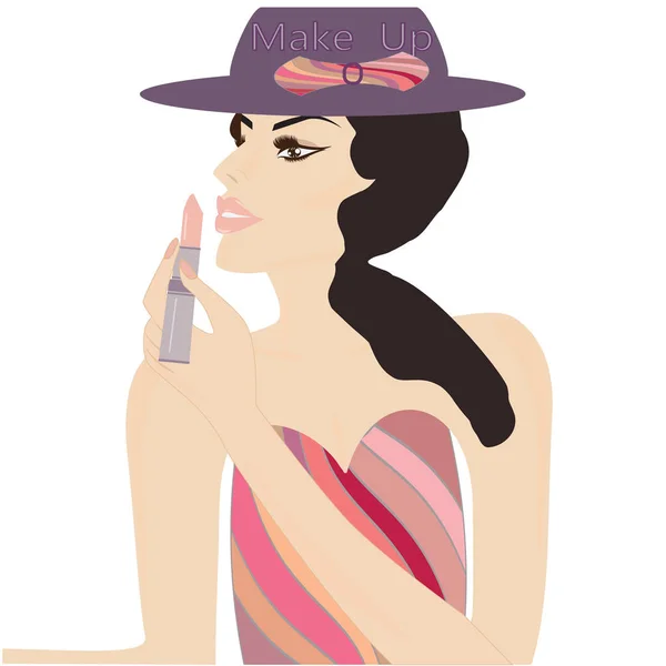 Donna dipinge labbra nel cappello di moda arco e un abito da una tavolozza di rossetto isolato su uno sfondo bianco arte astratta vettore illustrazione creativo pubblicità design elemento cosmetico profumo sho — Vettoriale Stock