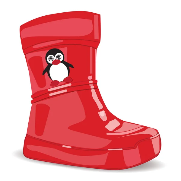 Realistische rote Gummistiefel für Kinder kleiner Pinguin isoliert auf weißem Hintergrund Kunst modernes Vektordesign-Element — Stockvektor