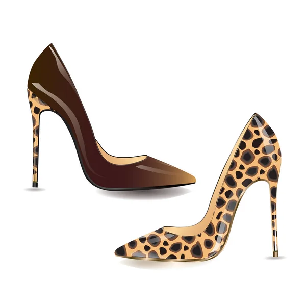 Conjunto de zapatos realistas tacón alto mezclado color marrón manchas de leopardo moderno aislado en fondo blanco elemento de diseño vectorial — Vector de stock