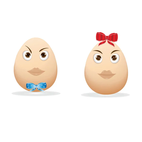Two egg cartoon image of a boy and girl blue and red bow isolated on white background art creative vector design element — Stock Vector
