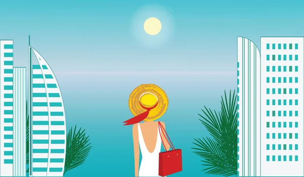 Mujer en un sombrero mar sol ciudad palma arte creativo moderno vector ilustración Travel Poster — Archivo Imágenes Vectoriales