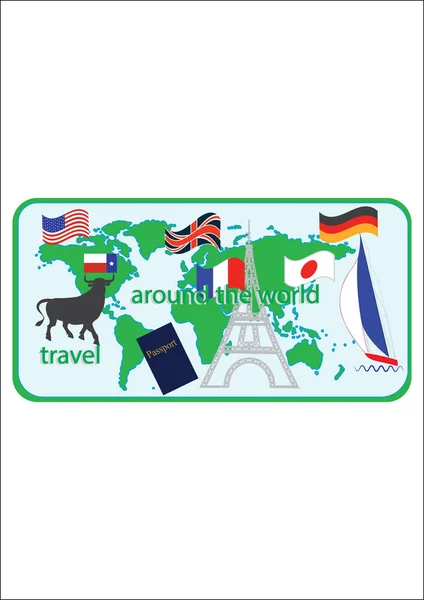 Cartel turístico. Mapa del mundo banderas y símbolos de diferentes países pasaporte Torre Eiffel yate inscripción turismo viajar por todo el mundo arte creativo moderno vector ilustración estilo plano . — Archivo Imágenes Vectoriales