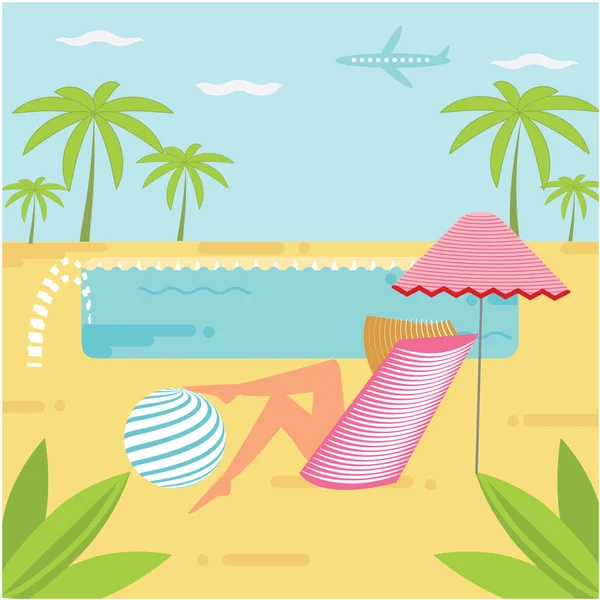 Şapkalı bir kadın bir şezlong plaj şemsiye topu palmiye ağaçları havuzu sanat yaratıcı modern vektör çizim içinde oturur. Seyahat Poster