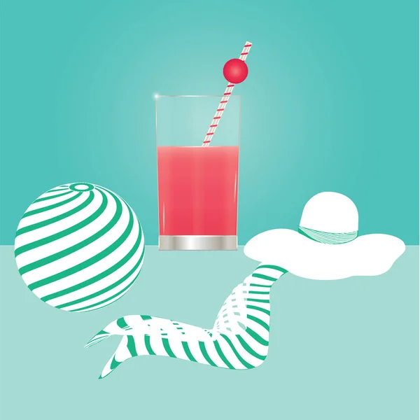 Chapéu branco verão feminino bola de suco vermelho de vidro em um fundo verde claro arte abstrata criativo moderna ilustração vetorial. Poster de viagem — Vetor de Stock