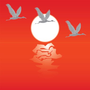 Kırmızı arka plan sanat yaratıcı modern tasarlamak vektör çizim üzerinde uçan Vinçler beyaz güneş