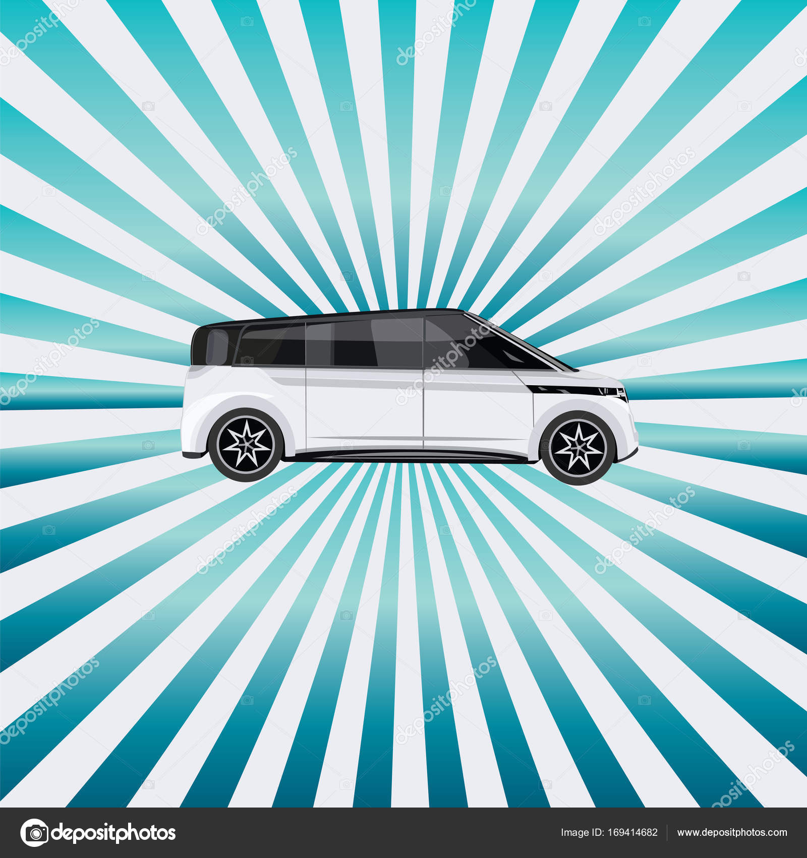 Realistic White Car Isolated On The Background Of Blue Rays Sun Art Creative Modern Realistic White Car Isolated On The Background Of Blue Rays Sun Art Creative Modern