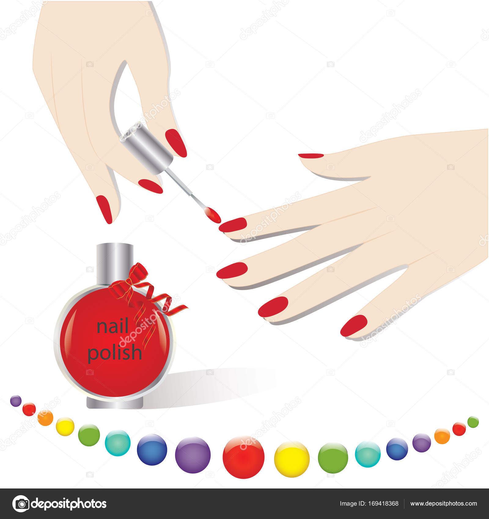 set di mani femminili smalto manicure rosso in una bottiglia di vetro decorato con tavolozza di nastro di palloncini colorati isolati su elemento di sfondo