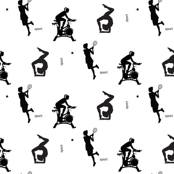 Шаблоны спорт черный силуэты на белом фоне упражнения велосипед спортсменов теннисная гимнастика — стоковый вектор