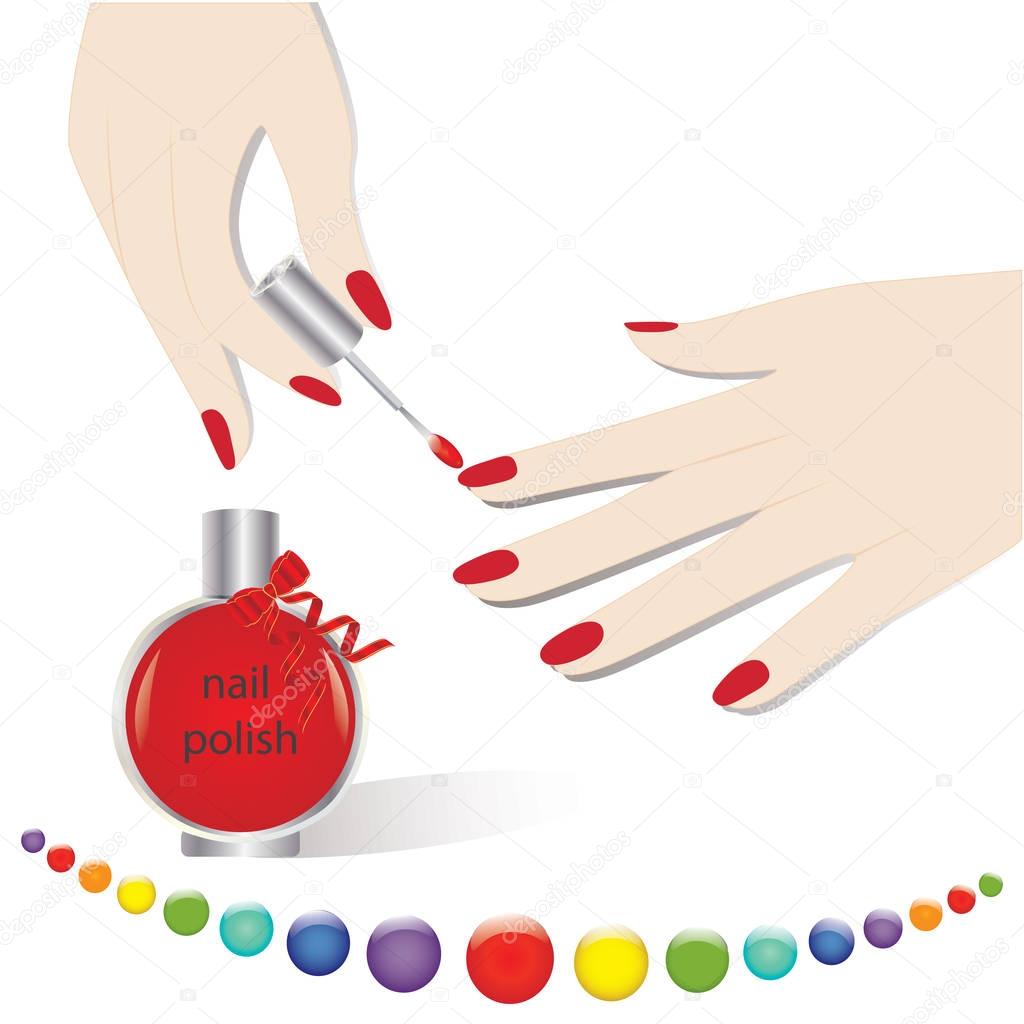 set of feminine hands manicure red nail polish in a glass bottle decorated with ribbon palette of colorful balloons isolated on white background art creative vector element for design