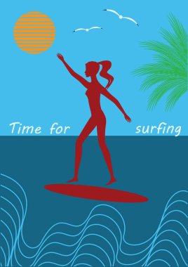 sörfçü kız bir sörf tahtası güneş dalga palmiye dalı düz stil sanat yaratıcı modern vektör çizim üzerinde