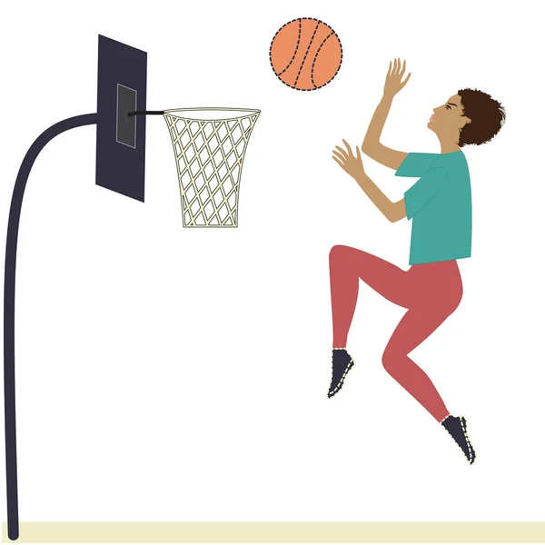 Beyaz arka plan sanat yaratıcı vektör çizim tasarım için bir düz stil öğesi üzerinde izole basketbol hoop top oynarken sporcumuz — Stok Vektör
