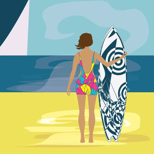 Mujer surfista en la orilla del mar arte creativo moderno vector ilustración viaje cartel — Vector de stock