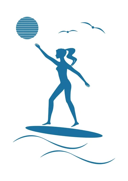 Surfista menina esboço prancha de surf sol onda moderno estilo plano em um fundo branco arte criativo vetor elemento para o design — Vetor de Stock