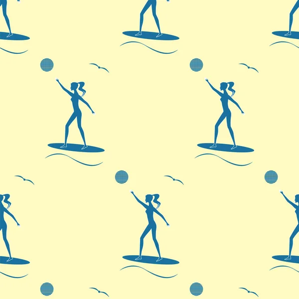 Wzór surfer dziewczyna słońce deska surfingowa fala, płaski Mewa kreatywnych wektor sztuki nowoczesnej niebieski na jasnym tle — Wektor stockowy
