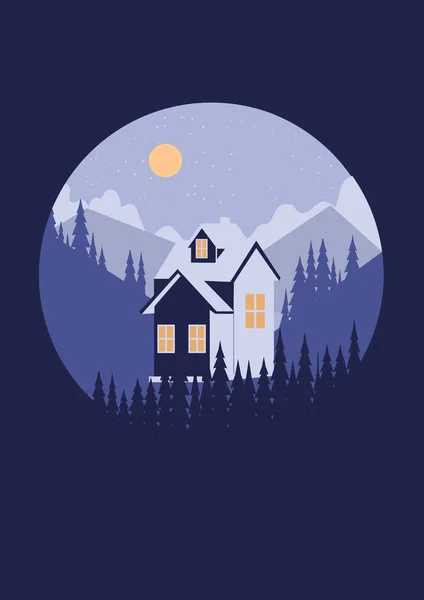 Tourismus Logo Haus camping ottel Gebirgslandschaft Mond Nacht Kunst kreative Illustration der modernen abstrakten minimalistischen flachen Stil Vektor Design-Element — Stockvektor