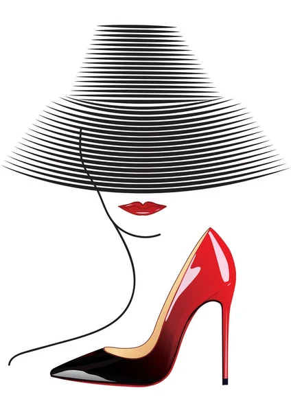 Skiss av en kvinnas ansikte i en hatt röda läppar realistiska skor svarta och röda högklackade konst kreativa vektor isolerad på vit bakgrundselement för design — Stock vektor