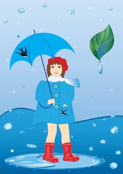 Menina com guarda-chuva em um vermelho botas de borracha de pé em uma poça na chuva folha verde com gotas de chuva arte criativo vetor ilustração Primavera Poster — Vetor de Stock