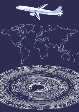 Uçak, Dünya Haritası, koyu arka plan bilgi teknolojisi - sanat vektör simgesi olan.