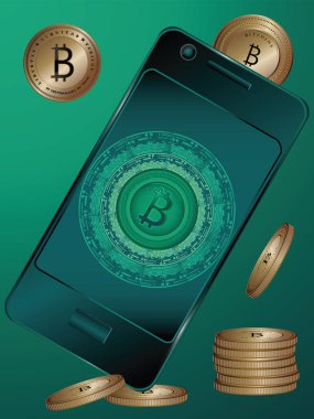 Smartphone üzerinde yeşil bir arka plan ekran ve altın sikkeler üzerinde bir bitcoin ile. -vektör sanat illüstrasyon