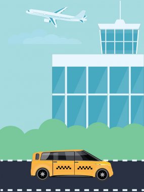 Havaalanı, uçak, taksi. -Sanat yaratıcı illüstrasyon, vektör.