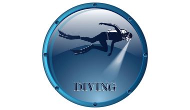 Beyaz arka plan üzerinde - vektör illüstrasyon izole simgesi, yuvarlak - Scuba diving - dalış -. Dalış kulübü.