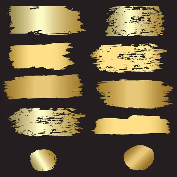 Pinceladas doradas - diez elementos para el diseño - aislado sobre fondo negro - vector de arte — Vector de stock