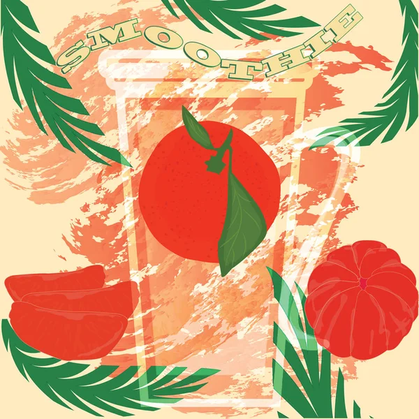 Тропічні листя, мандарини на тлі сплеску Смузі в прозорій банці Векторна ілюстрація . — стоковий вектор