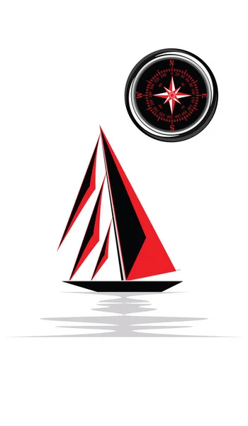 Yacht - red and black sail, compass - isolated on white background - art vector. — Stock Vector