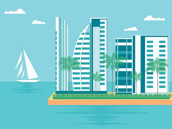 Морской пейзаж с яхтой и курортным городком на острове с пальмами - векторное искусство. Плакат путешествия . — стоковый вектор