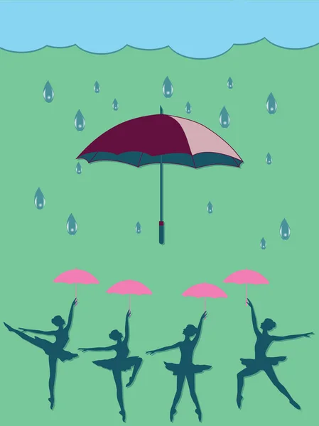 Bailarinas dançando sob guarda-chuvas - gotas de chuva - ilustração de arte vetorial. Cartaz Primavera . —  Vetores de Stock