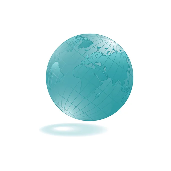 Földgömb és részletes világ térképe, türkiz színű, árnyék és tükröződés - elszigetelt fehér background - illusztráció vektor — Stock Vector