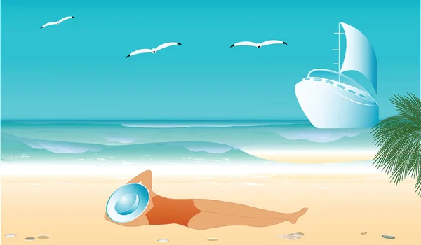 Mulher em um chapéu tomando banho de sol em uma praia arenosa - mar, iate, gaivotas - ilustração de arte de vetor. Cartaz de viagem — Vetor de Stock