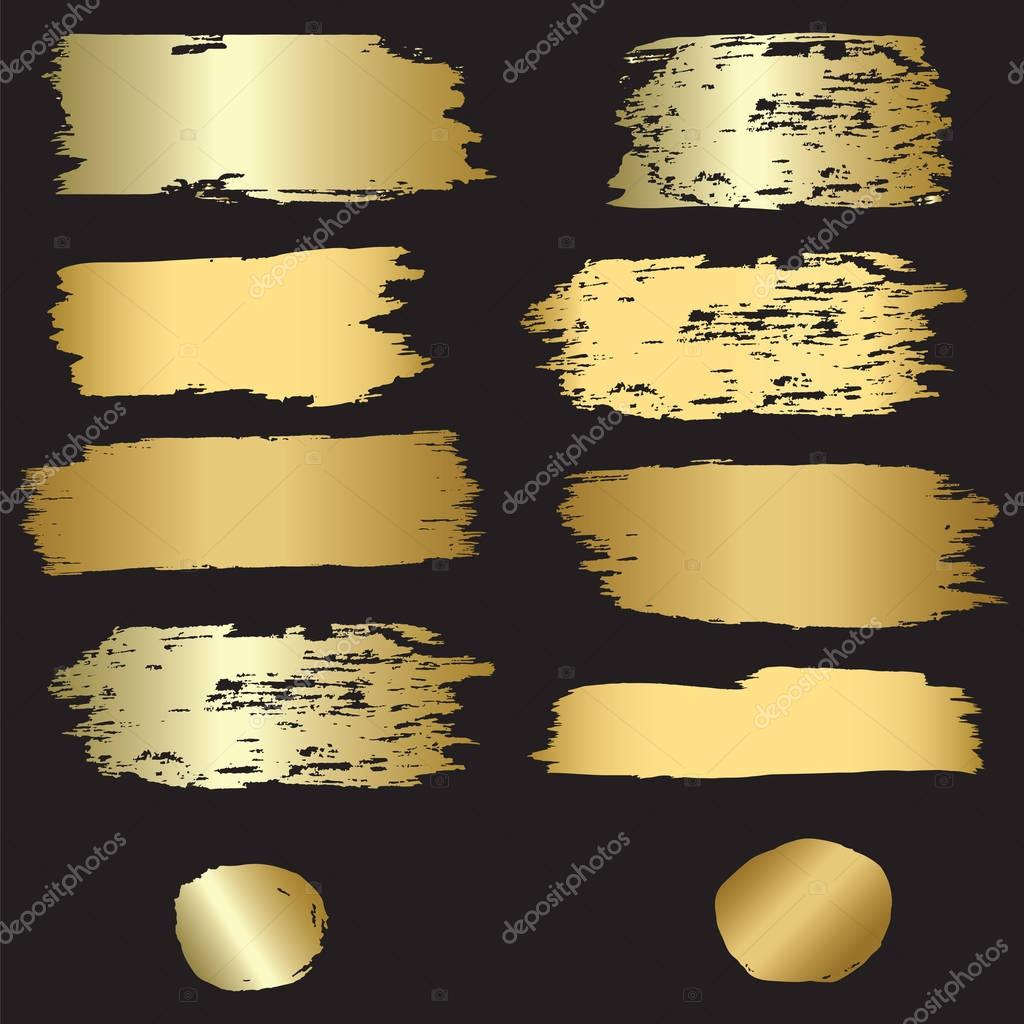 Golden brush strokes - ten elements for design - isolated on black background - art vector