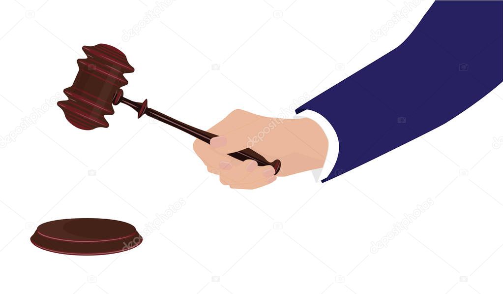 Businessman hand with judicial hammer - isolated on white background - vector art.