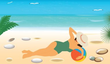 Deniz manzarası - yaz şapka kumsalda - sanat illüstrasyon vektör seyahat Poster güneşlenme içinde kadın