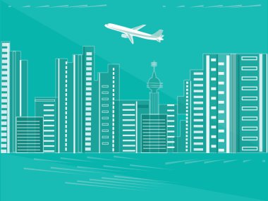 Şehir - tek renkli turkuaz arka plan - vektör sanat çizim üzerinde uçan uçak. Seyahat Poster
