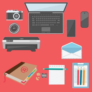 Ofis - yazıcı, fotoğraf makinesi, laptop, kırtasiye, Organizatör - düz stil, üstten görünüm - vektör sanat illüstrasyon.