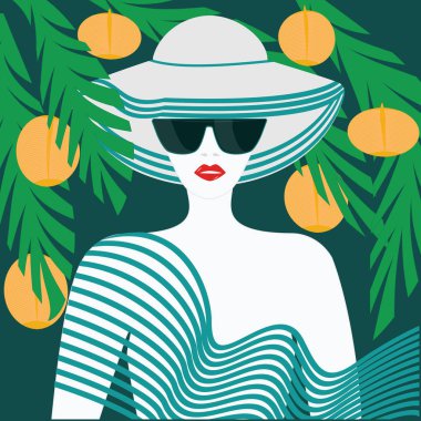 Kadın yaz beyaz şapka, kırmızı dudaklar, güneş gözlüğü - yeşil renkli egzotik yaprakları ve sarı meyve ile - sanat vektör. Seyahat Poster