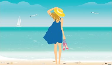 Deniz manzarası ile surf, yat, martılar - şapka ve yaz elbise, kadın el sandalet - vektör sanat çizim tutar