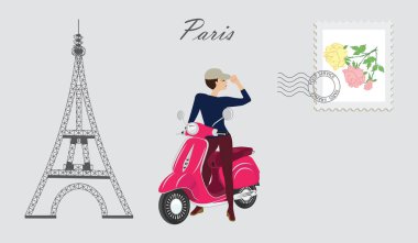 Kız motorlu scooter - Eyfel Kulesi - pul pul - yazıt - Paris - sanat vektör çizim üzerinde