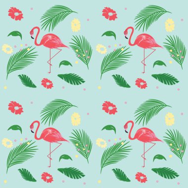 Model - Pembe Flamingo - egzotik yaprak ve çiçek - açık renkli - sanat vektör