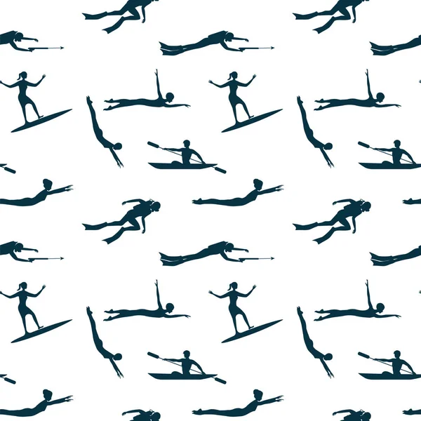 Спорт Водний візерунок - силуети плавців, дайверів, скейтбордистів - на білому тлі - Векторна художня ілюстрація . — стоковий вектор